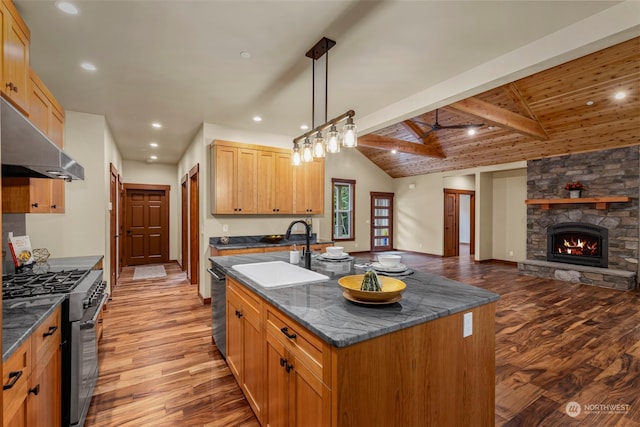 kitchen featuring light hardwood / wood-style flooring, vaulted ceiling with beams, sink, and appliances with stainless steel finishes