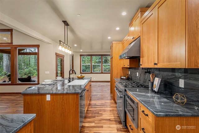 kitchen featuring a center island with sink, a wealth of natural light, appliances with stainless steel finishes, and pendant lighting