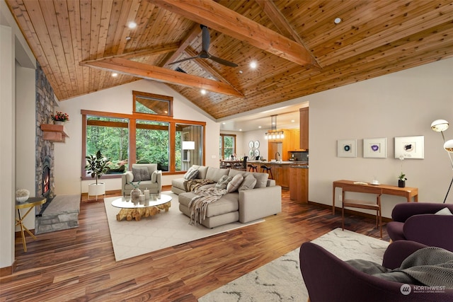 living room with dark hardwood / wood-style flooring, beamed ceiling, wooden ceiling, and high vaulted ceiling