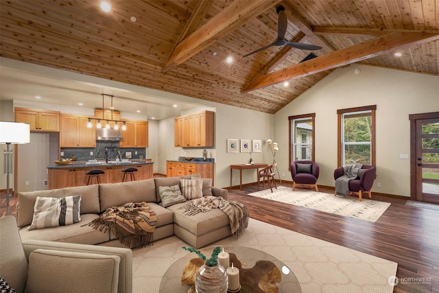 living room with high vaulted ceiling, beamed ceiling, wooden ceiling, ceiling fan, and dark hardwood / wood-style floors