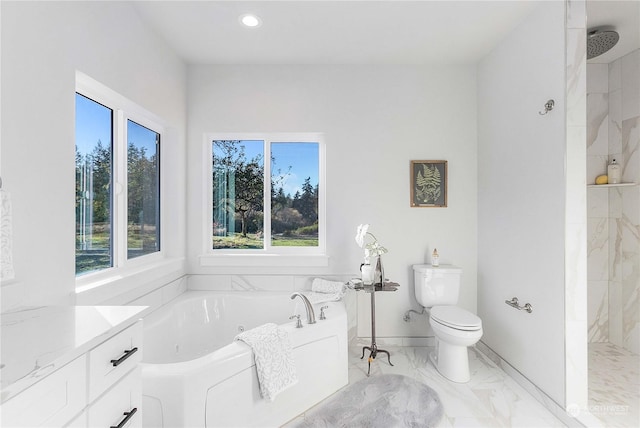 1690 Lilypad Pl E, Port Orchard, WA 98366 - bathroom featuring a tub with jets, marble finish flooring, a tile shower, toilet, and recessed lighting