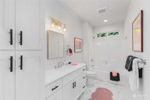 1690 Lilypad Pl E, Port Orchard, WA 98366 - bathroom featuring vanity, toilet, marble finish floors, shower / bathtub combination, and recessed lighting