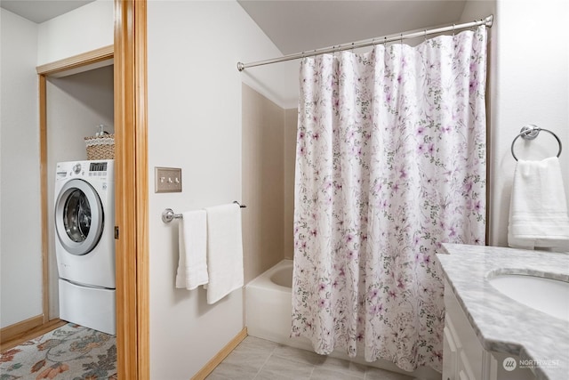 4232 Wintergreen Cir Unit 160, Bellingham, WA 98226 - bathroom featuring washer / dryer, shower / bath combination with curtain, vanity, and baseboards