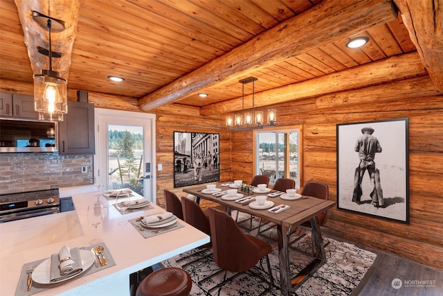 dining room featuring beamed ceiling, dark hardwood / wood-style flooring, a wealth of natural light, and log walls