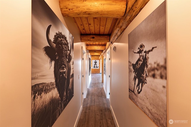 hall with beam ceiling, dark hardwood / wood-style flooring, and wooden ceiling