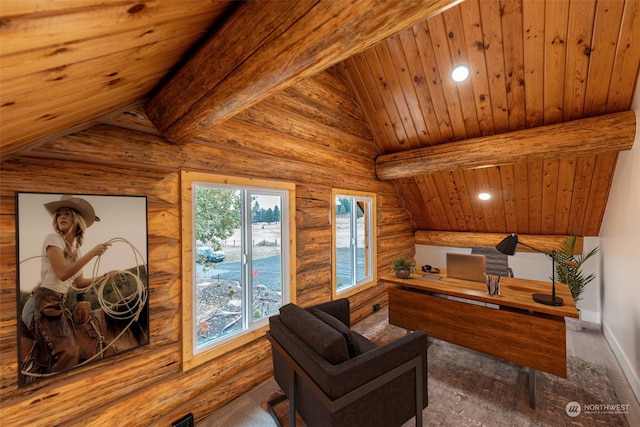 office area featuring log walls, wood ceiling, and lofted ceiling