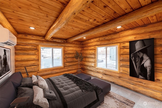 bedroom featuring a wall unit AC, log walls, beam ceiling, wooden ceiling, and carpet floors