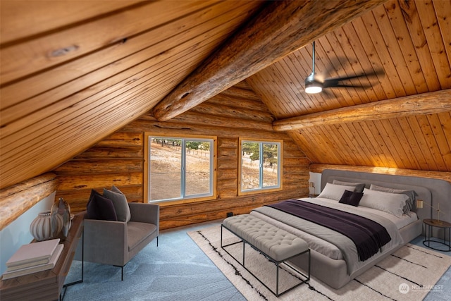 bedroom featuring log walls, vaulted ceiling with beams, light colored carpet, and wood ceiling