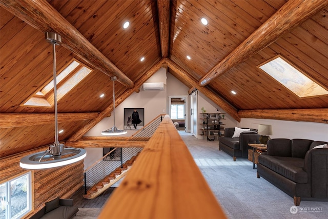 interior space featuring light carpet, beam ceiling, a skylight, and wood ceiling