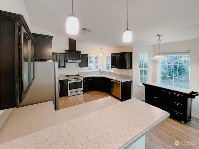 kitchen featuring lofted ceiling, a healthy amount of sunlight, decorative light fixtures, and appliances with stainless steel finishes