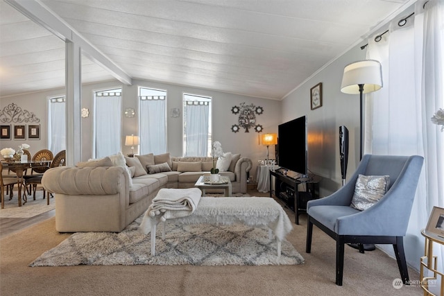 carpeted living area with lofted ceiling with beams and crown molding