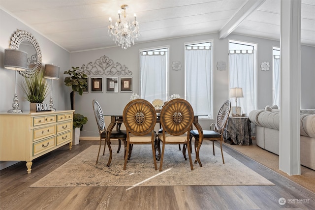 dining area featuring dark wood-type flooring, an inviting chandelier, and lofted ceiling with beams