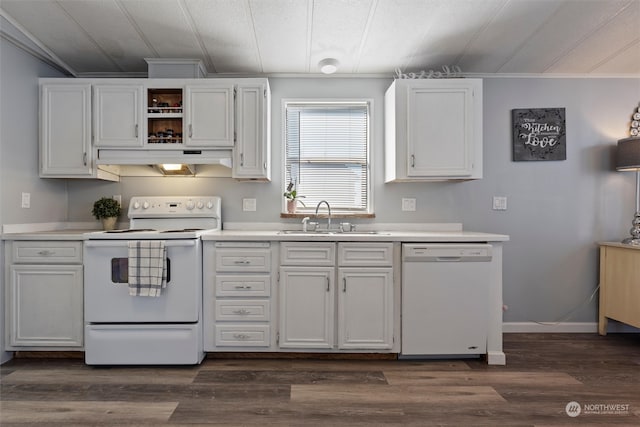 kitchen with dark wood-type flooring, sink, white appliances, and white cabinetry