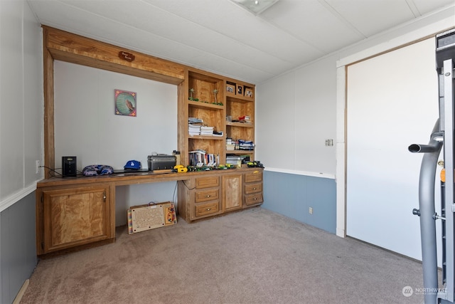 office with light carpet, built in desk, and built in shelves