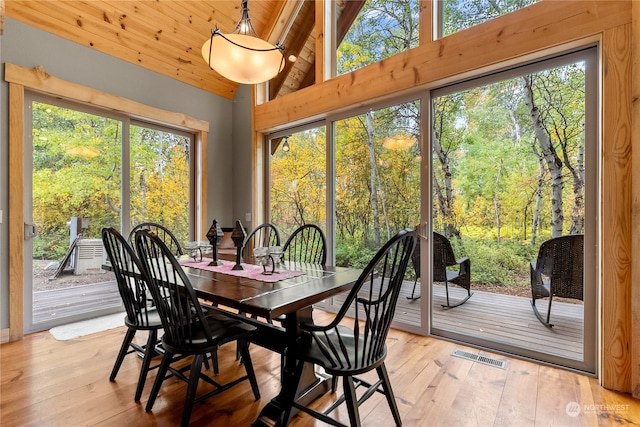 sunroom / solarium featuring wood ceiling and lofted ceiling with beams