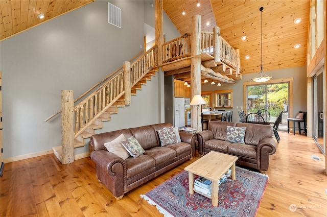 living room with light wood-type flooring, high vaulted ceiling, and wooden ceiling