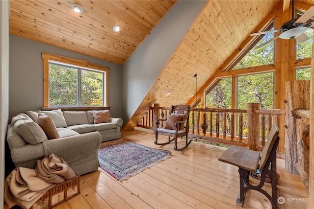 living room with wooden ceiling, high vaulted ceiling, light hardwood / wood-style flooring, and ceiling fan