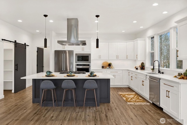 8721 Semiahmoo Dr, Blaine, WA 98230 - kitchen with a barn door, a sink, a center island, stainless steel appliances, and island range hood