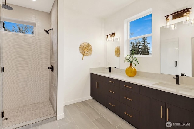 8721 Semiahmoo Dr, Blaine, WA 98230 - bathroom with double vanity, a sink, a wealth of natural light, and a shower stall
