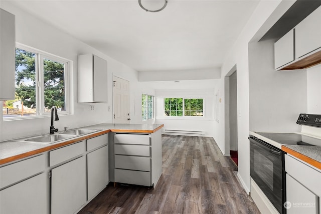 kitchen featuring dark wood-type flooring, electric range, sink, and a healthy amount of sunlight