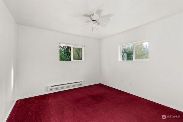 carpeted empty room featuring plenty of natural light, baseboard heating, and ceiling fan