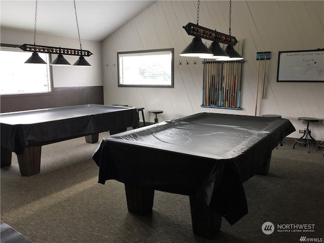 rec room featuring carpet floors, vaulted ceiling, and pool table