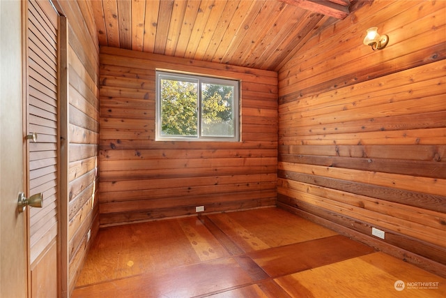 unfurnished room with hardwood / wood-style flooring, wooden walls, and wooden ceiling