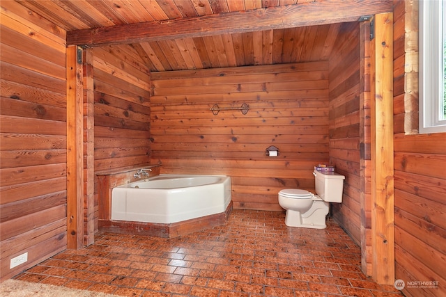 bathroom featuring beamed ceiling, wood walls, toilet, and wooden ceiling