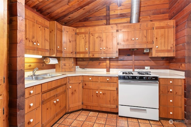 kitchen featuring lofted ceiling, wood ceiling, sink, light tile patterned flooring, and white range oven