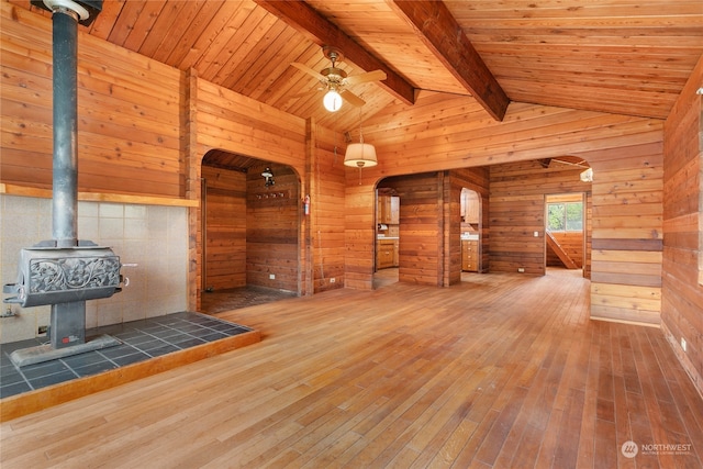 unfurnished living room with wood-type flooring, wooden walls, lofted ceiling with beams, and wooden ceiling