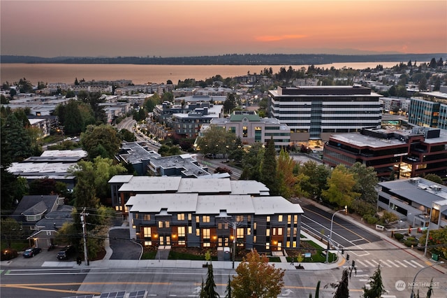 aerial view at dusk featuring a water view