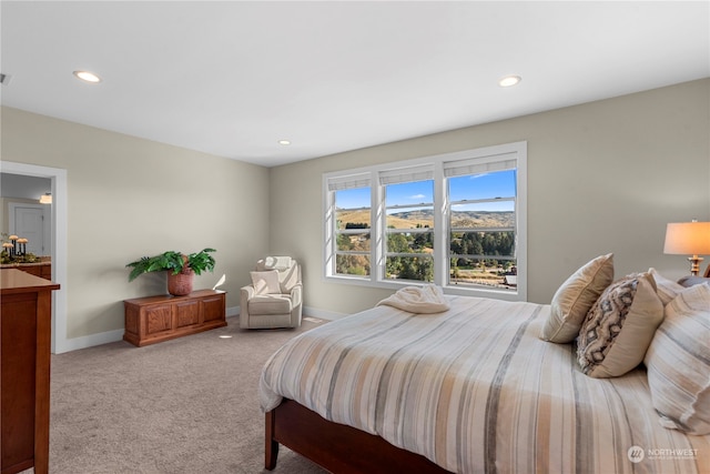 carpeted bedroom with a mountain view