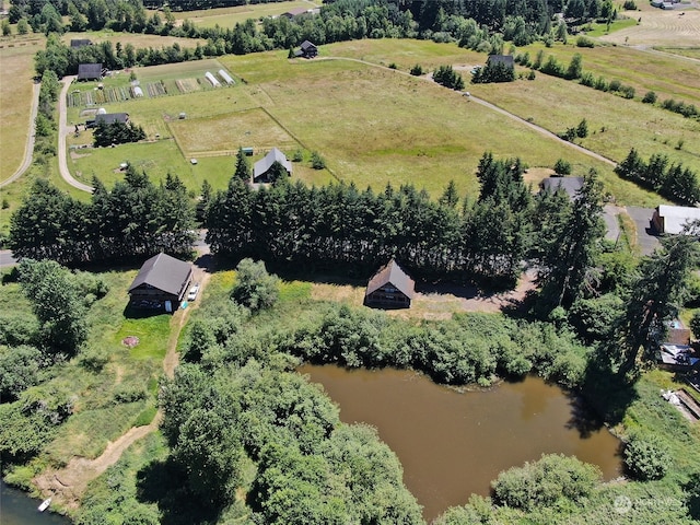 aerial view featuring a water view and a rural view