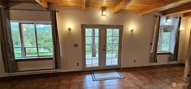 doorway featuring wooden ceiling, french doors, beamed ceiling, and a healthy amount of sunlight