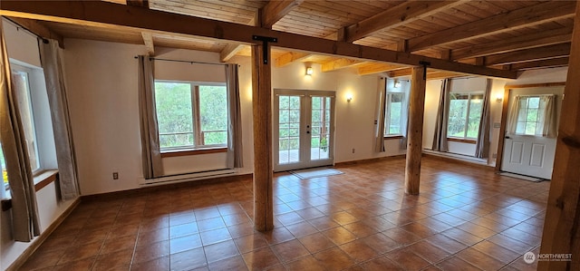 doorway featuring wooden ceiling, french doors, beamed ceiling, and a wealth of natural light