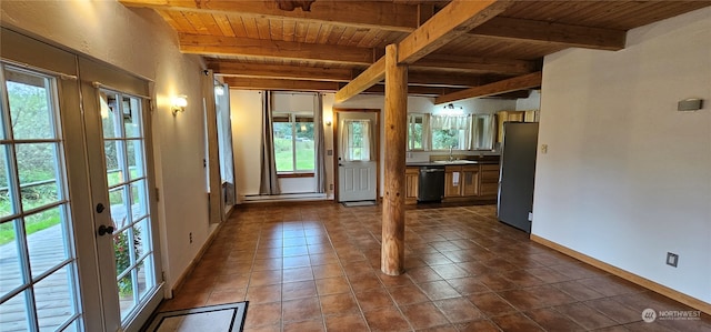 entryway with beamed ceiling, wood ceiling, and sink