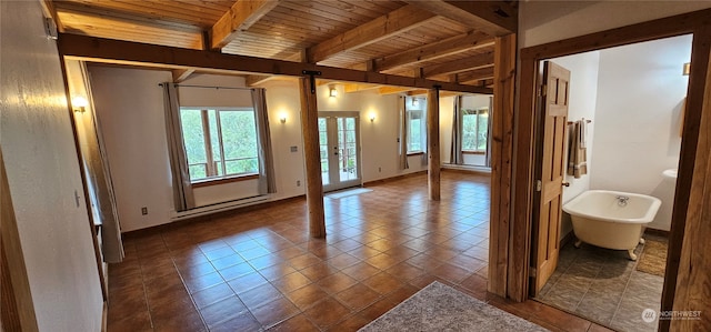 interior space with french doors, wood ceiling, tile patterned flooring, and beam ceiling