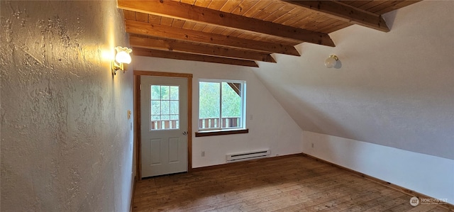 additional living space featuring wooden ceiling, hardwood / wood-style flooring, vaulted ceiling with beams, and a baseboard radiator