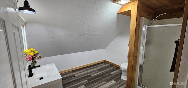 bathroom with hardwood / wood-style floors, vanity, a shower with shower door, and toilet