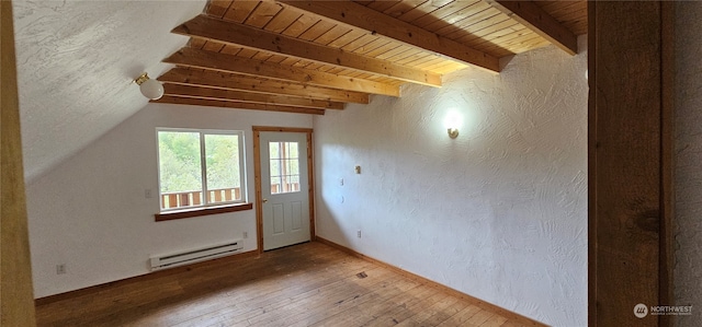 bonus room featuring hardwood / wood-style flooring, vaulted ceiling with beams, a baseboard radiator, and wood ceiling