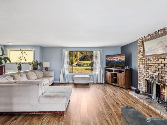 living room featuring a fireplace and wood-type flooring