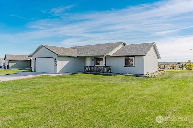 ranch-style home featuring a front yard and a garage