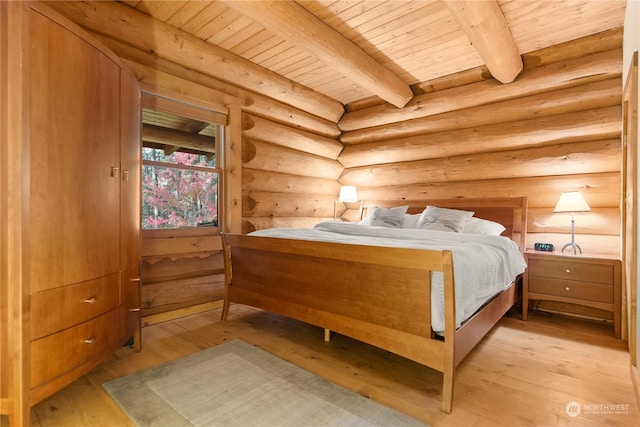 bedroom featuring light wood-style floors, wood ceiling, rustic walls, and beamed ceiling