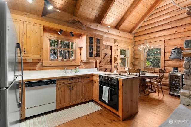 kitchen featuring freestanding refrigerator, rustic walls, beverage cooler, white dishwasher, and wood ceiling