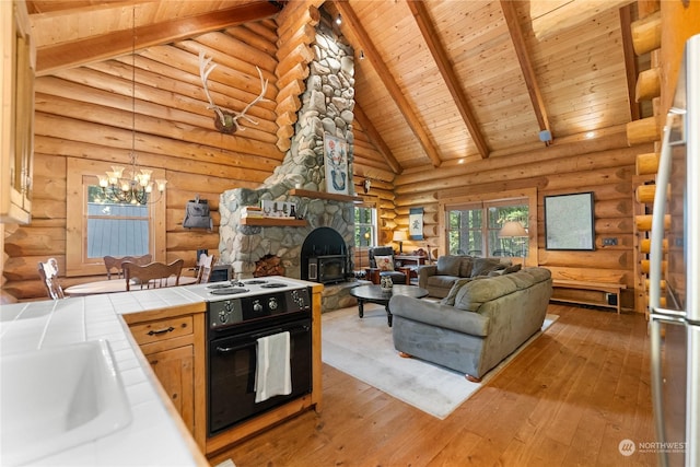 living area with a wood stove, rustic walls, beamed ceiling, wooden ceiling, and light wood-style flooring