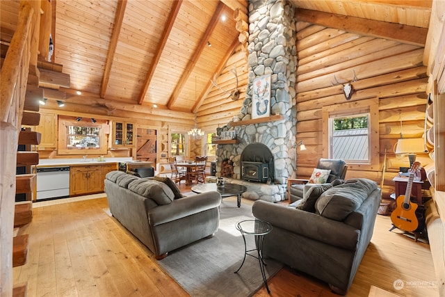 living room featuring high vaulted ceiling, log walls, a wood stove, wooden ceiling, and light hardwood / wood-style floors