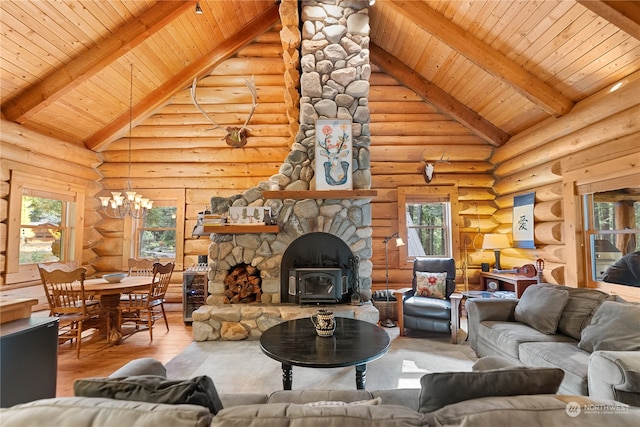 living room with wood ceiling, hardwood / wood-style floors, a wood stove, and log walls