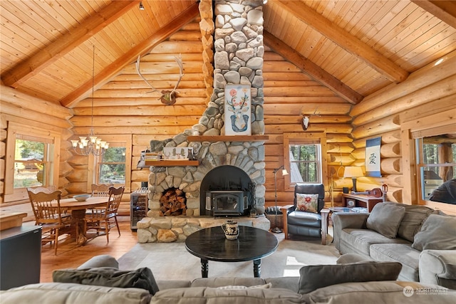 living room with beam ceiling, log walls, high vaulted ceiling, wood finished floors, and wood ceiling