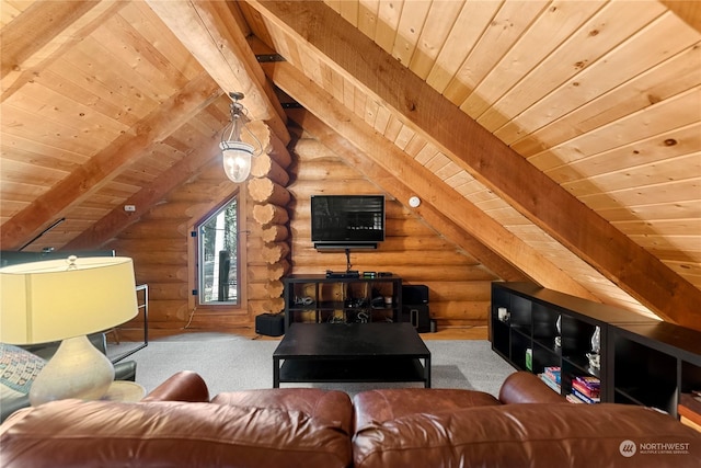 living room featuring lofted ceiling with beams, wood ceiling, rustic walls, and carpet floors