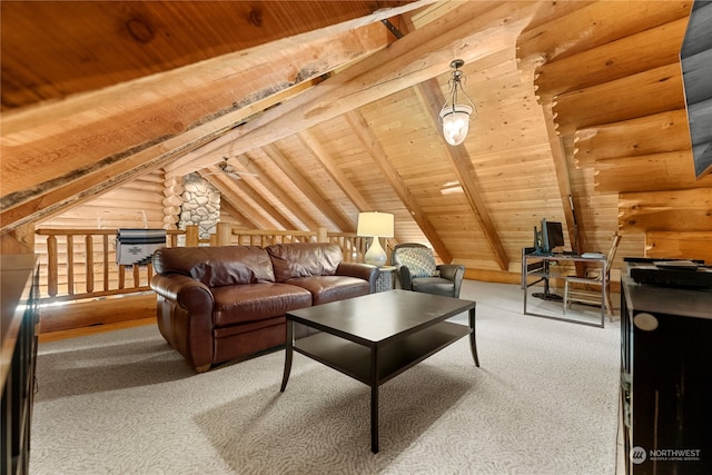 interior space featuring vaulted ceiling with beams, wooden ceiling, and log walls